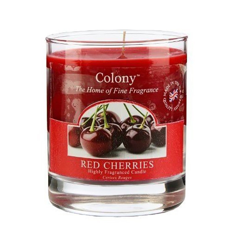 Colony candle in small red cherries glass