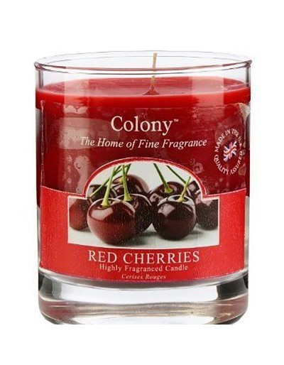 Colony candle in small red cherries glass
