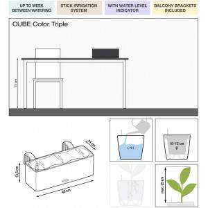 LECHUZA CUBE Color Triple, white, high-quality plastic, incl. Support for balcony box and stick irrigation system